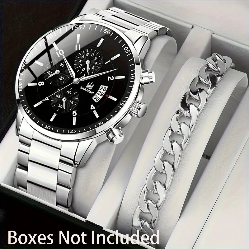 2pcs/set Men's Calendar Watch+Matching Bracelet, Circular Digital Dial, Men's Watch Set (No Box)