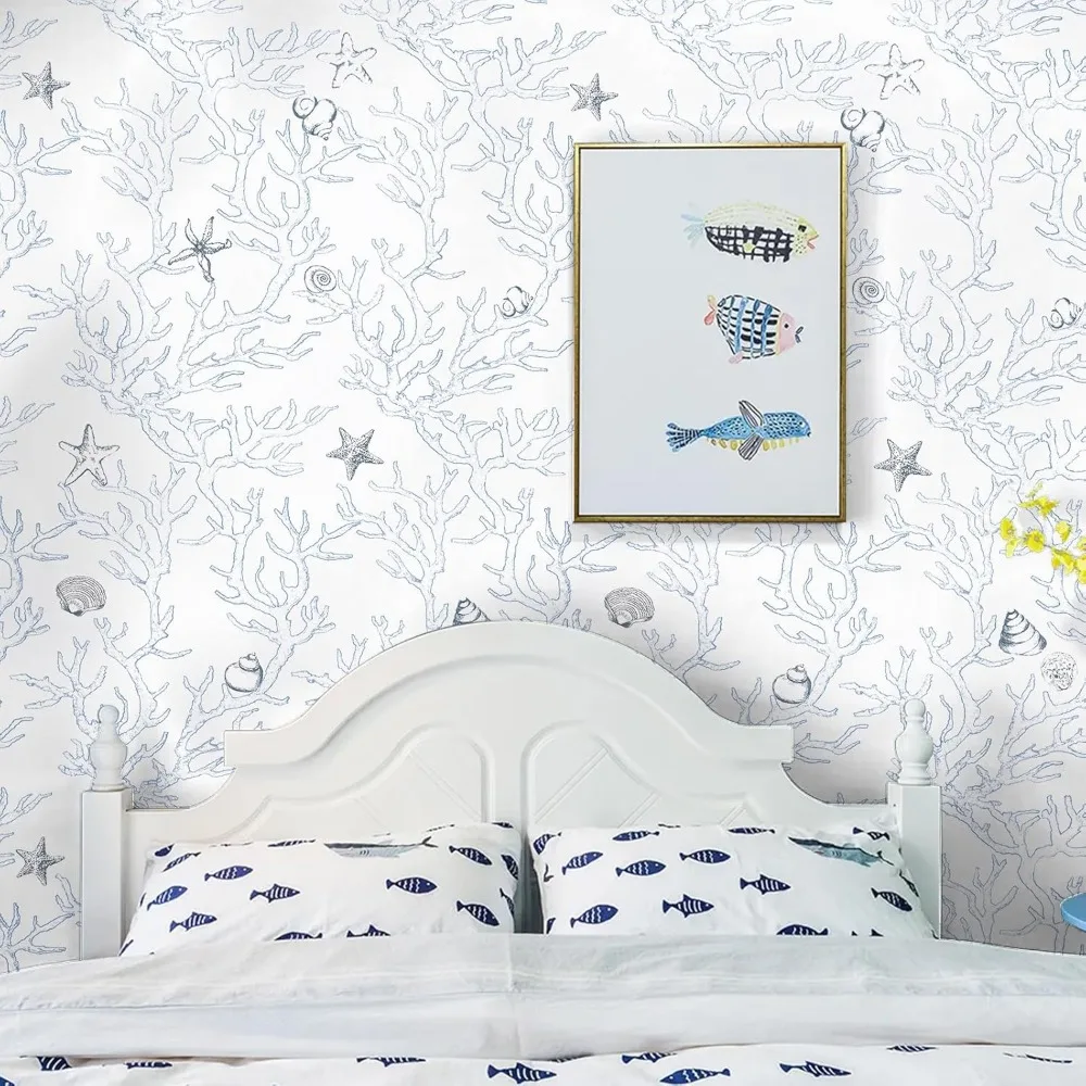 ورق اتصال كورال صدف نجم البحر، قشر وعصا، أبيض وأزرق فاتح، ورق جدران ساحلي، 17.3 × 1181 بوصة، لاصق ذاتي