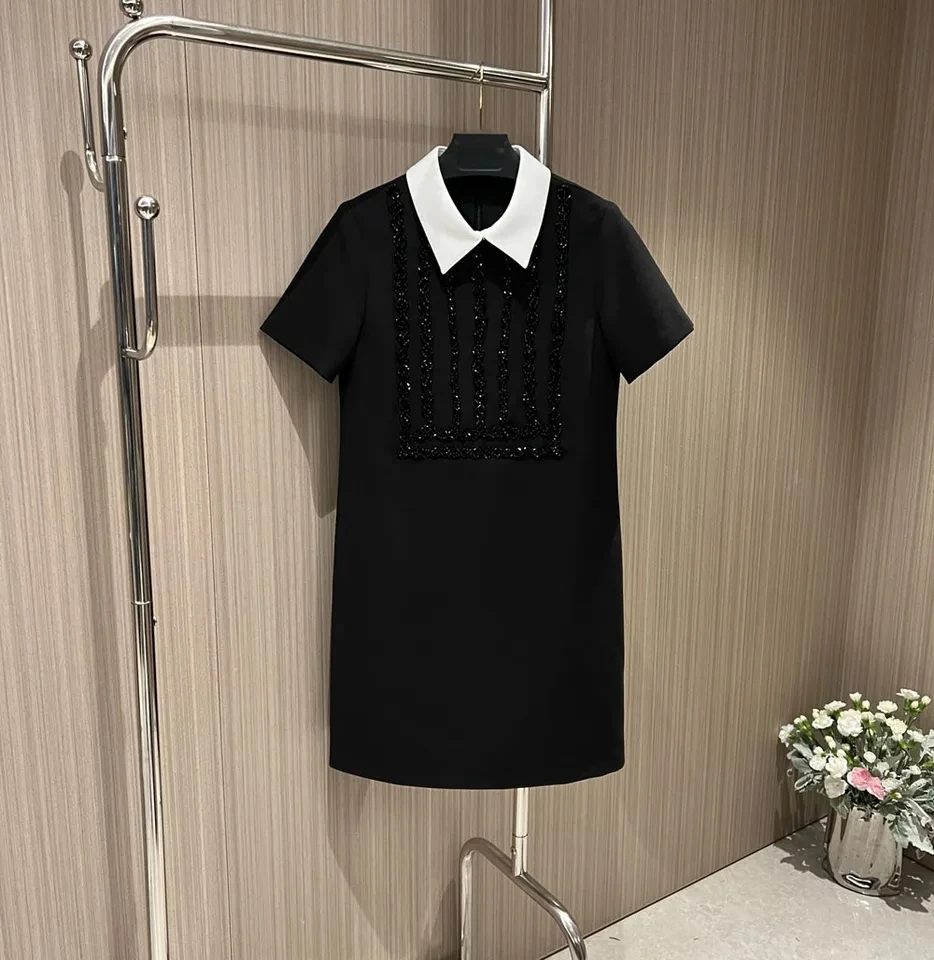 2024 spring beading contrast color turn down collar women short sleeve dresses black straight mini dress