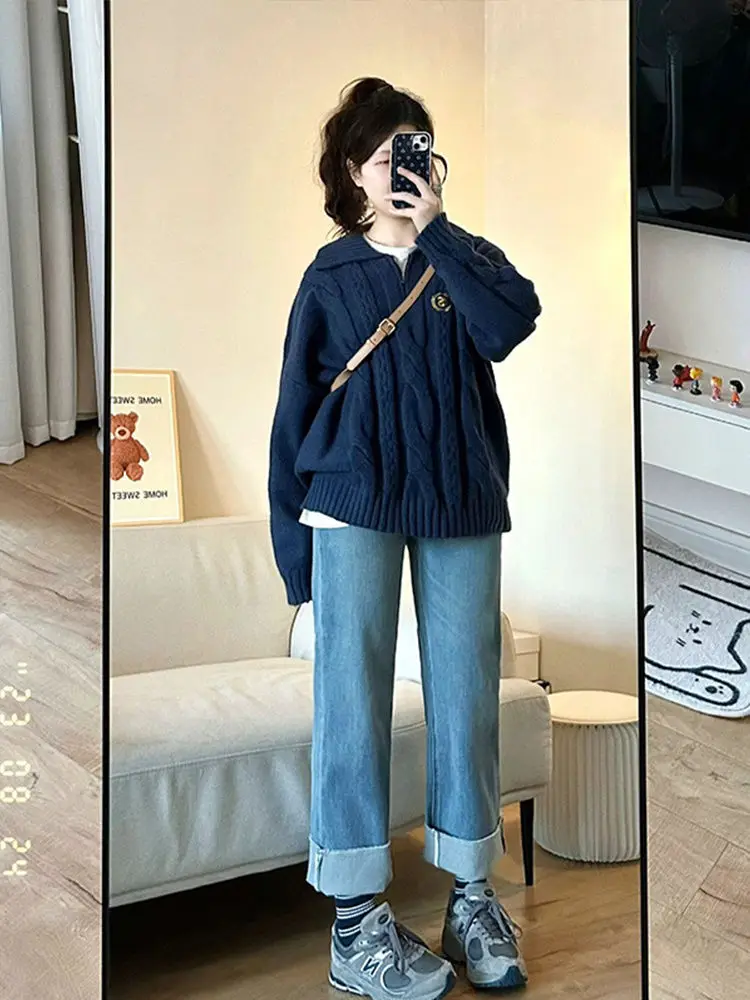 Autumn and Winter Korean Fashion Soft Sticky College Style Knitted Sweater Jeans Two Piece Set for Women