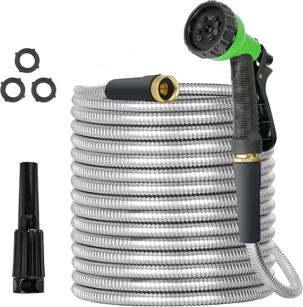 

Metal Garden Hose 100ft Super Tough Flexible Water Pipe with Brass Fittings and Sprayer Nozzle, Kink & Tangle Free, Rust Proof