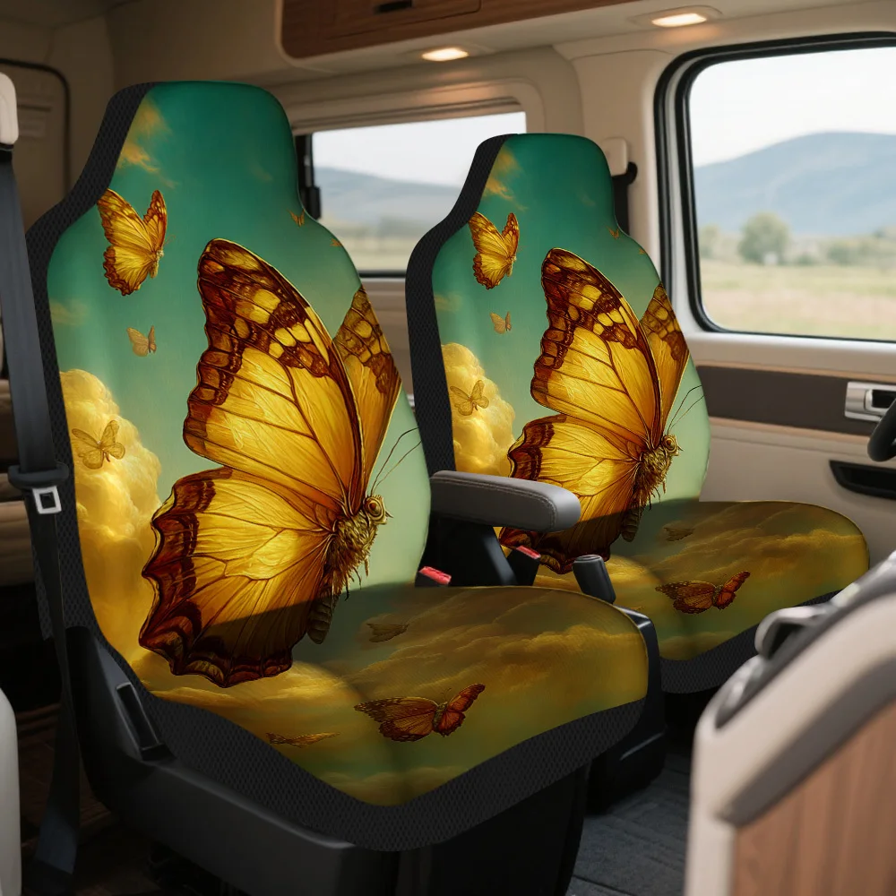 Set Of 2, Golden Butterfly Sky-Themed Car Seat Covers – Premium Quality, Fashionable Complete Set For Various Vehicles, Universa