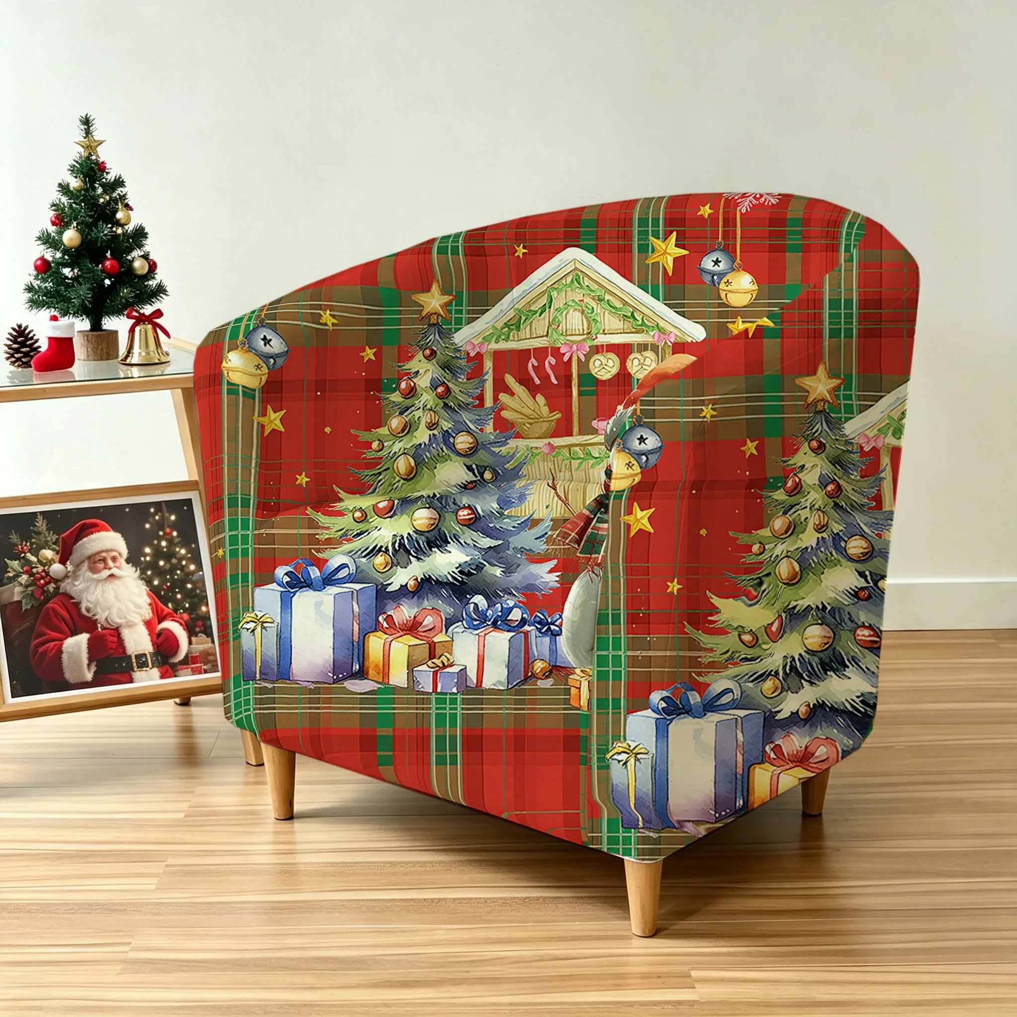 Vintage Christmas plaid seamless printed snowman gingerbread house armrest sofa cover, 2D printed elastic single club sofa cover