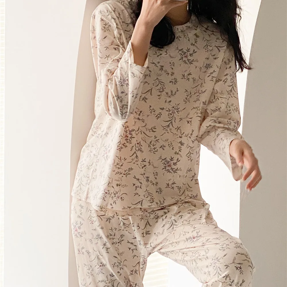 

Customizable Japanese women's loungewear cotton Korean version long-sleeved trousers fresh two-piece set