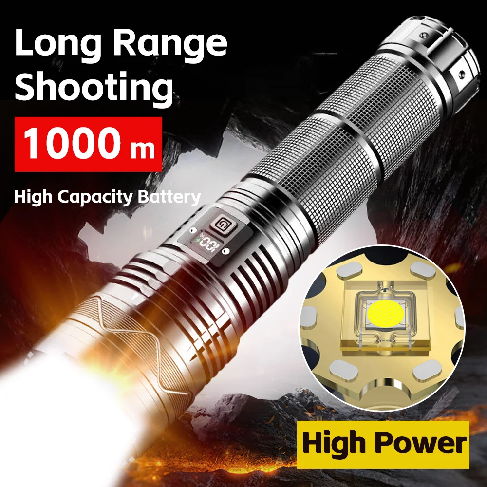 

High Power Flashlight 100W GT60 LED Super Bright Spotlight Long Range Zoomable Emergency Torch Outdoor Flashlight Power Display