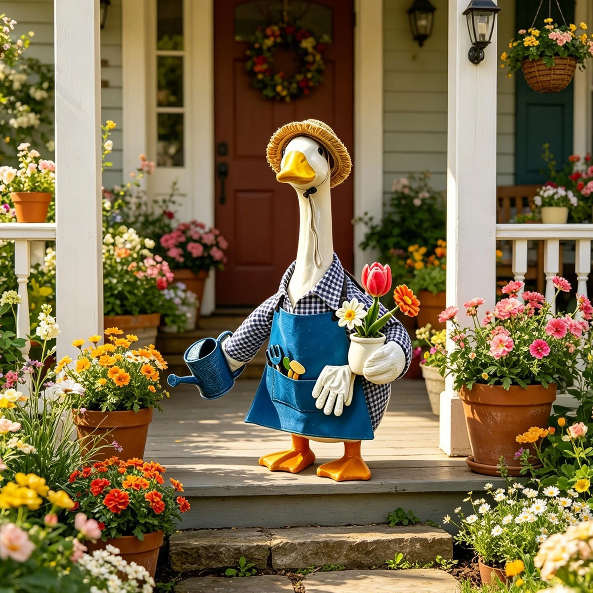 Porch Goose Gardening Outfits 23Inch Goose Clothes Plaid Shirt Apron Hat Flower Watering Can and More