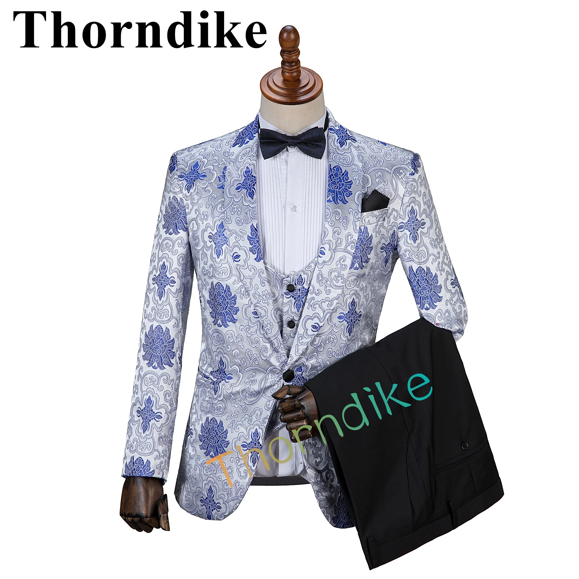 

Thorndike Men's Silver Suits Elegant Blue Floral Print Wedding Prom Tuxedos Suit for Men 3pcs Blazer Suit Jacket+Vest+Pants