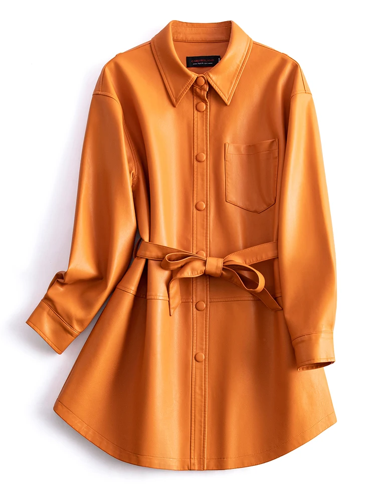 เสื้อแจ็คเก็ตหนังแกะทรงหลวมสำหรับผู้หญิง เสื้อโค้ทหนังแท้สไตล์เกาหลี เสื้อคลุมแฟชั่น เสื้อแจ็คเก็ตหนัง Haining สุดอินเทรนด์