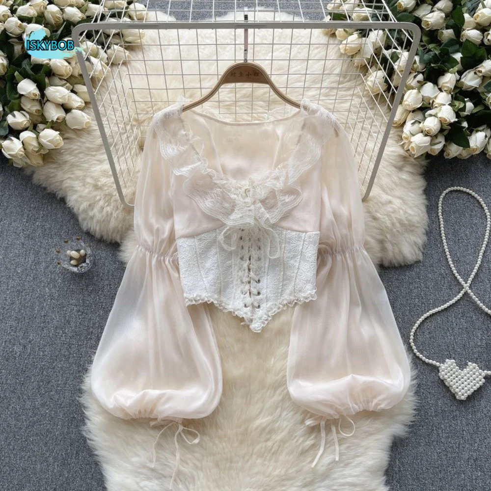 

Retro Mesh Ruffled Lace Chiffon Tops Patchwork Lace Chiffon Blouse Embroidery Puff Long Sleeve Lace-up Shirts Vacation