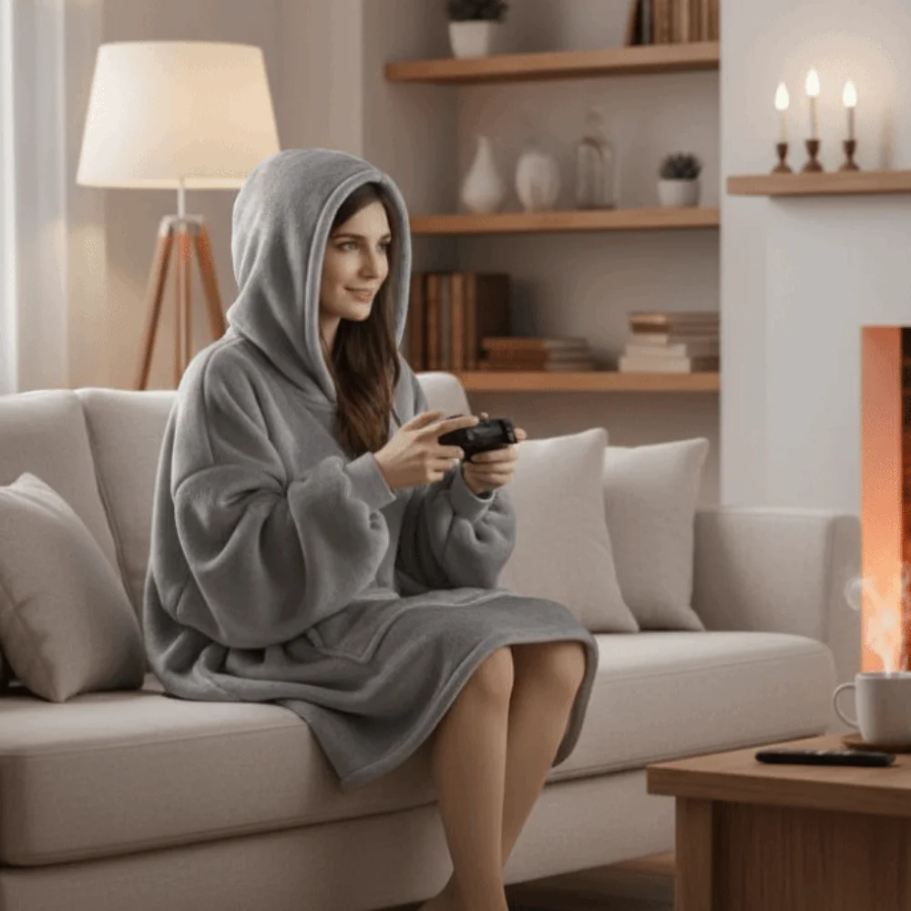 

Solid Color Warm Flannel Robe Long Sleeve Oversize Hooded Pajamas Comfortable with Pocket Couples Wearable Robe Home Wear