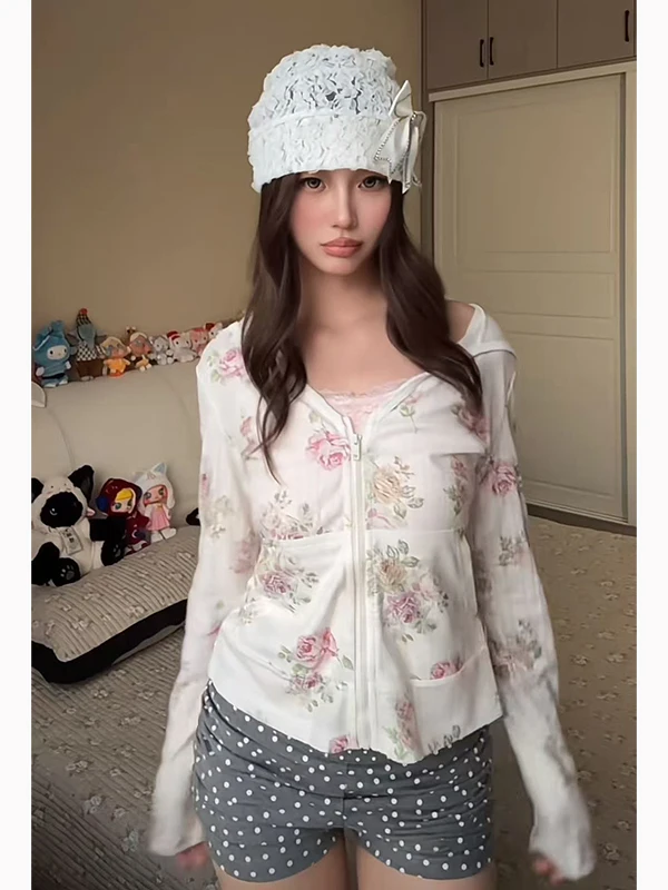 

Корейский женский тонкий кардиган с цветочным принтом в деревенском стиле, на молнии, с капюшоном, с длинными рукавами, повседневный, приталенный, с воротником-стойкой