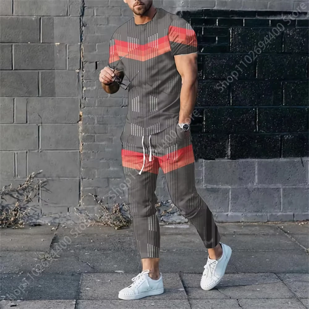 

2024 Men Trousers Tracksuit 2 Piece Set Classic Style 3D Printed Short Sleeve T-shirt Long Pant 2 Piece Set Oversized Streetwear