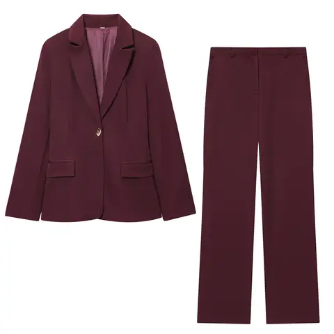 Women's Suit 2025 Autumn New Wine Red Long-Sleeve Blazer with Shoulder Pads and Straight-Leg Pants Set Fashionable Commuter