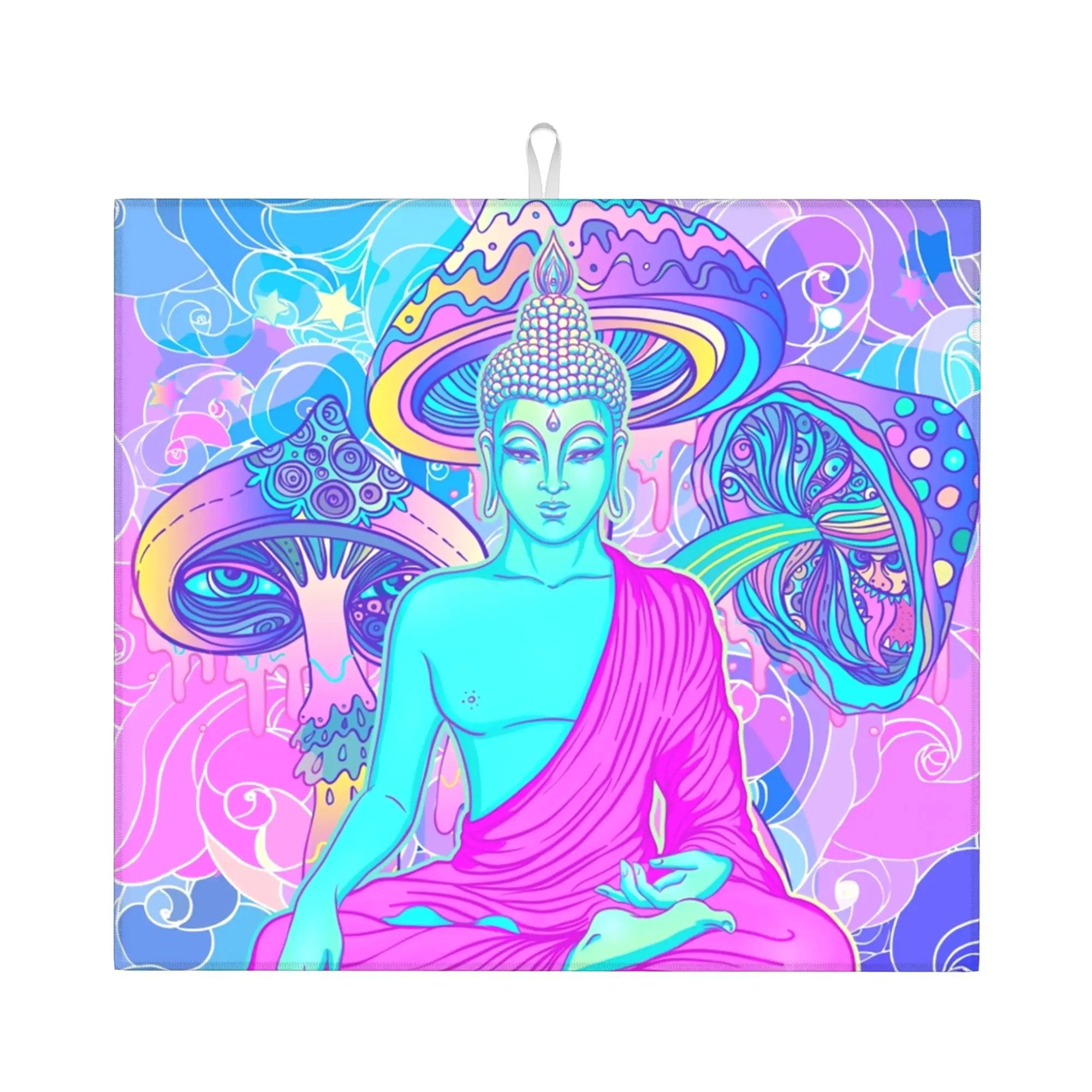 Drying Mat For Kitchen Psychedelic Magic Mushroom Water Absorbent Waterproof Trippy Buddha On Slip Kitchen Counter Protector Mat