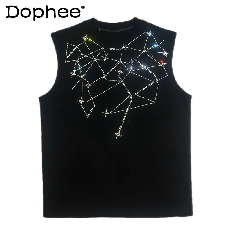 

American High Street Heavy-duty Rhinestone Vest Summer New Round Neck T-shirt Men 2025 Fashion Trend Loose Sleeveless T-shirt