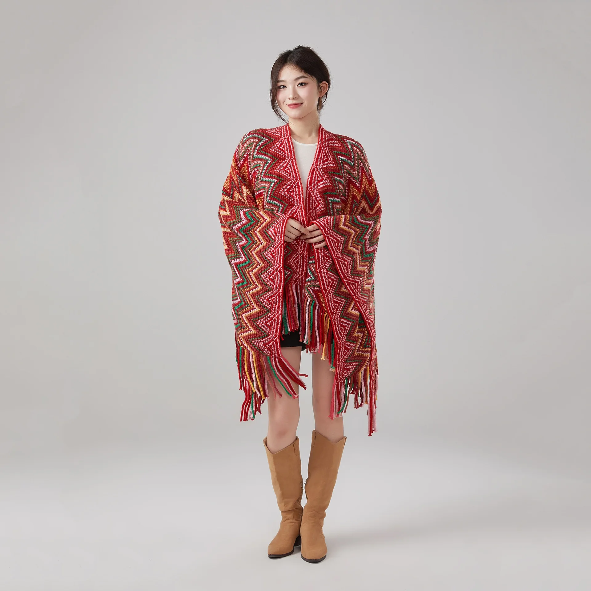 الخريف/الشتاء جديد وصول العرقية نمط وشاح المرأة ملابس خارجية عادية الرجعية السفر متماسكة شرابة كيب عباءة المعطف هدية P3