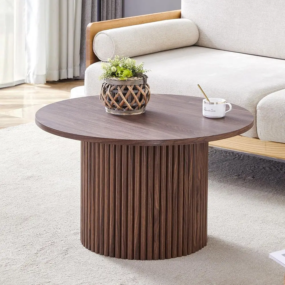 Walnut Finish Round Coffee Table with Storage for Small Living Spaces