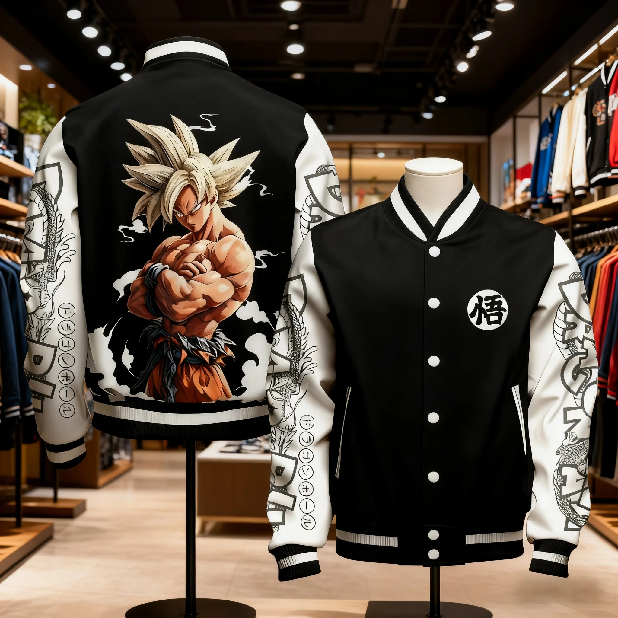 Unisex honkbaljack Dragon Ball Goku Super Saiyan rugprint met bliksemwolken oranje mouw zwart wit gestreept ontwerp
