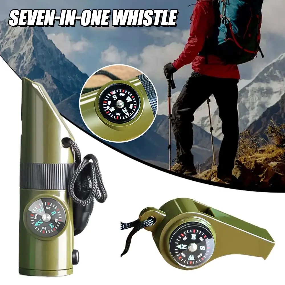 7 in 1 Jungle Survival Whistle Hiking Whistle Compass Mirror Flashlight Magnifier LED Light Thermometer Storage Compass Tool