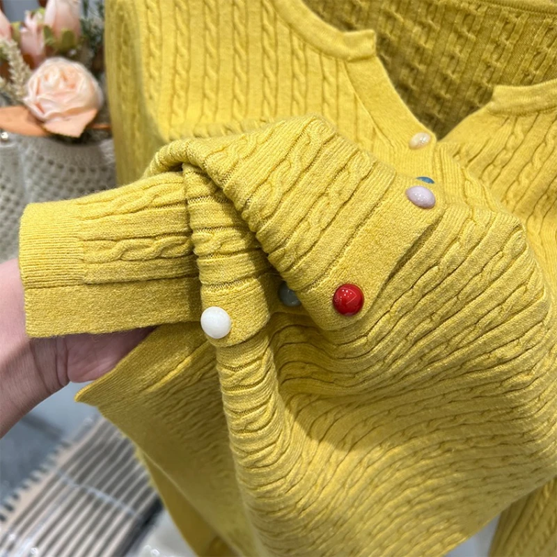 2025 Solid Long Sleeve Single Breasted Knitted Sweater Autumn Winter Women's O-neck Cardigan Colorful Buttons Versatile Tops