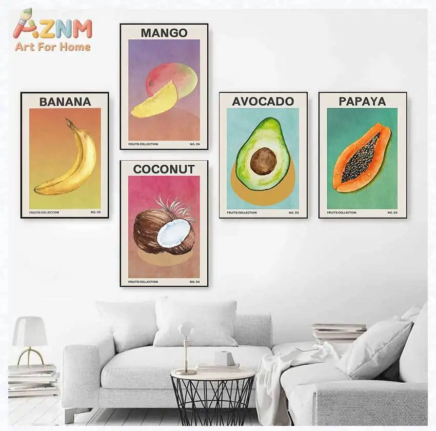 AZNM Retro Watercolor Fruit Vegetable Print Frameless Canvas Poster Colorful Modern Kitchen Dining Room Wall Art Decor