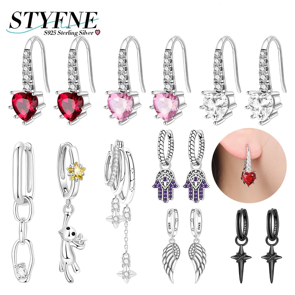 

925 Silver Red Zircon Earrings Heart Shaped Ear Hook Multi Layer Starlight Tassel Hoop Earrings for Women Birthday Jewelry Gift