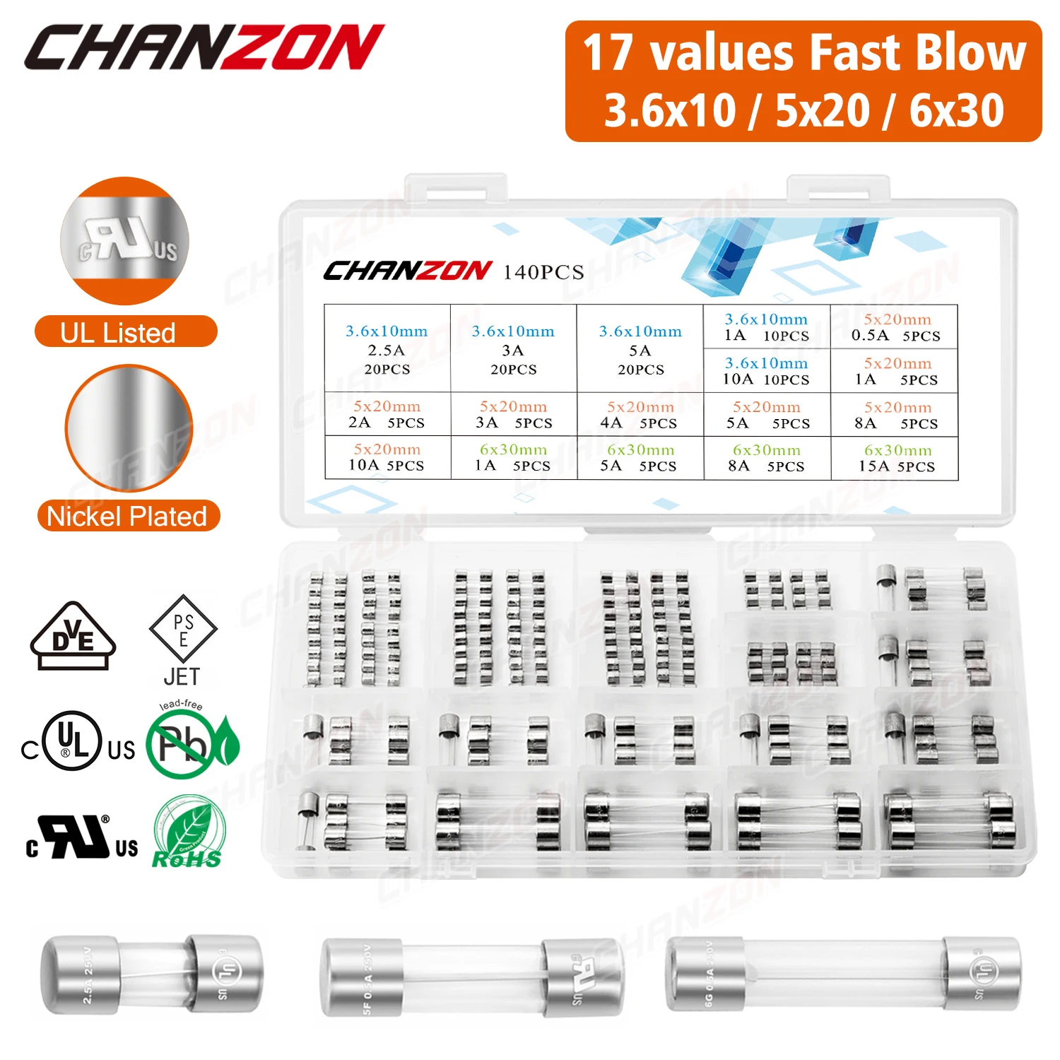 140PCS 3.6x10 5x20 6x30 Glass Fuse Kit Fast Blow Tube 0.5A 1A 2A 2.5A 3A 4A 5A 8A 10A 15A 125V 250V 5x20mm 6x30mm Assortment