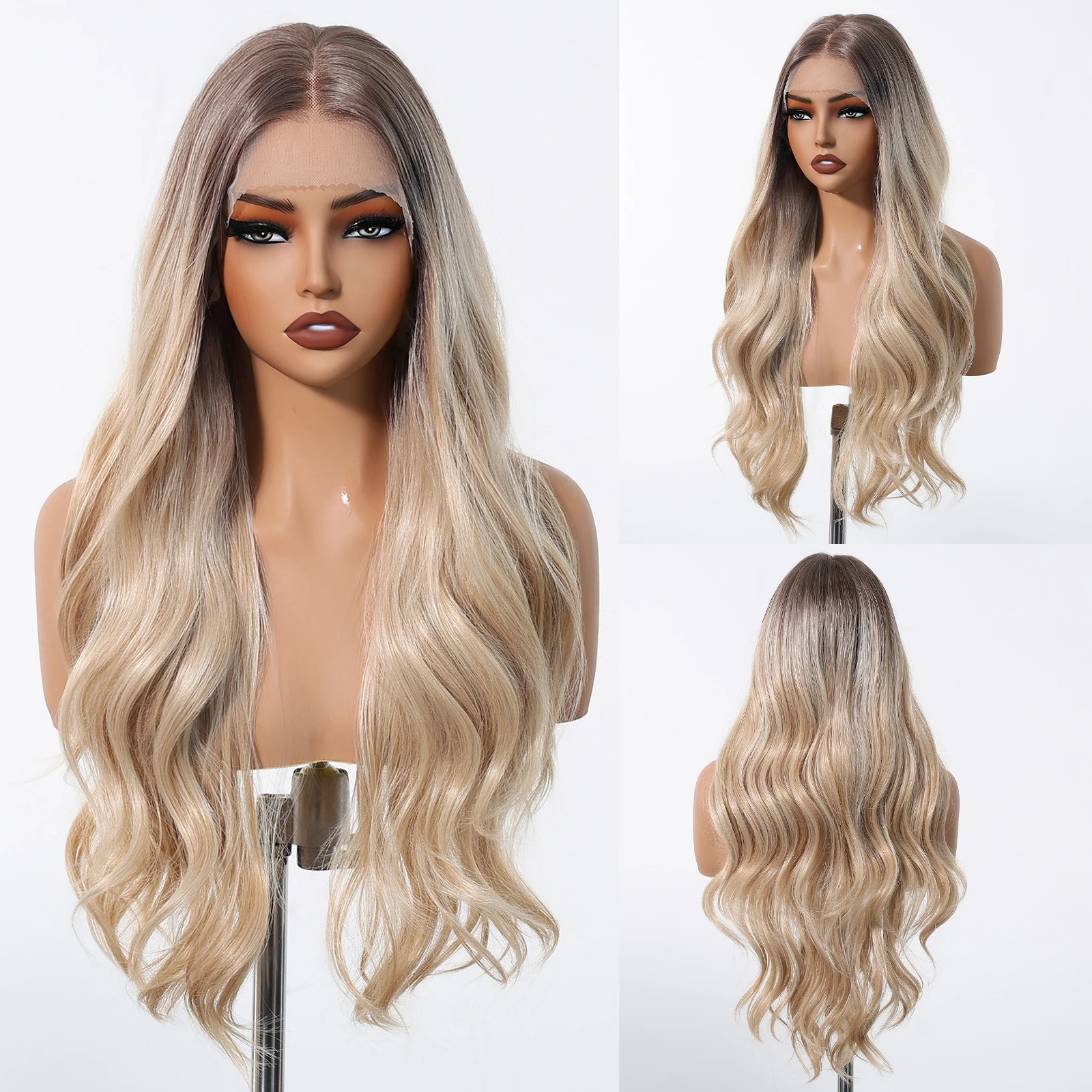 HENRY MARGU Blonde Synthetic Lace Frontal Wigs Long Body Wavy Middle Part Wig 13*6 Lace Frontal Wig for Women Realistic Hairline