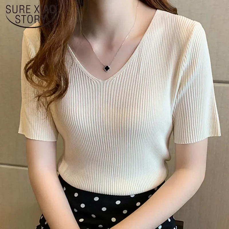 Half Sleeve Knitted Blouse Women Summer New 2024 Ladies V-neck Blouses Blouse Knitted Womens Tops and Blouses  19807