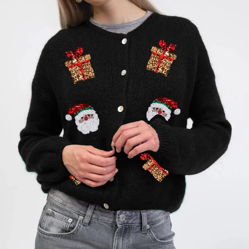 Y2k Christmas Sweater Cardigan Long Sleeve Festive Santa Claus Design Holiday Party Wear Fashion Knit Cardigan
