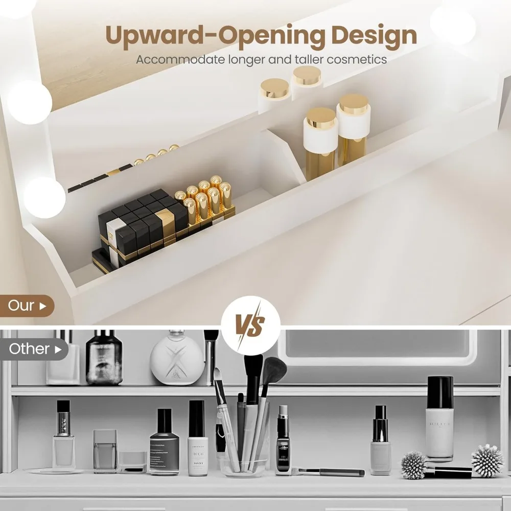 طقم مكتب مكياج لطاولة الزينة باللون الأبيض مع مخرج طاقة بمرآة مضاءة بإضاءة LED