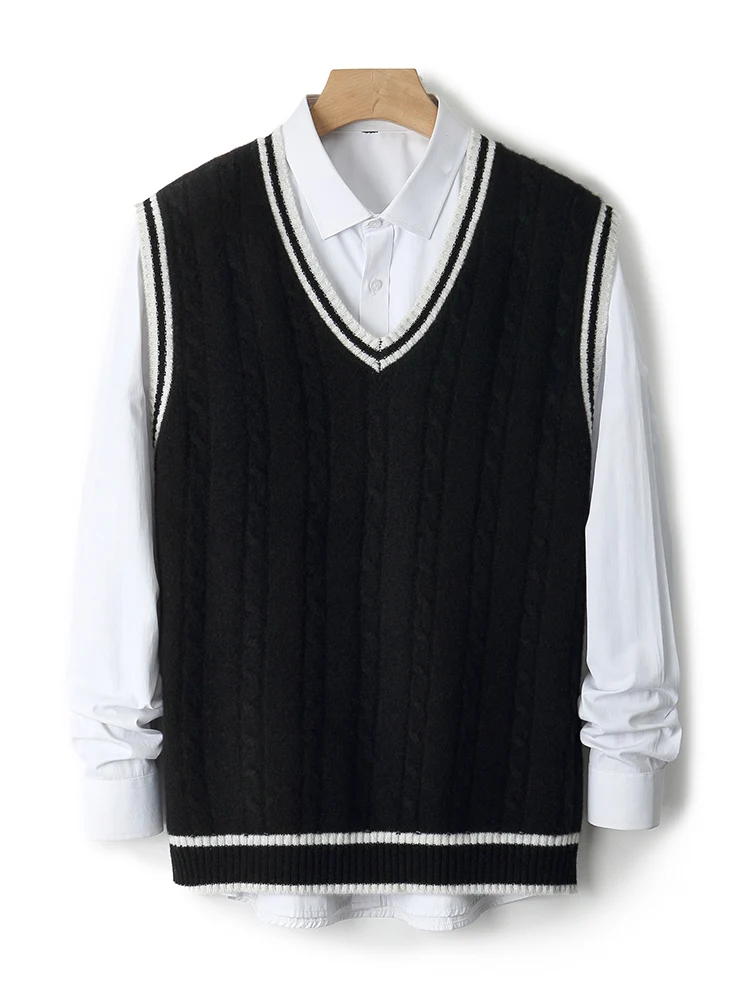 Chic Preppy Style Men's Pullover Vest Autumn Winter 100% Merino Wool Sleeveless Knitwear Thick V-Neck Casual Sweater Waistcoat
