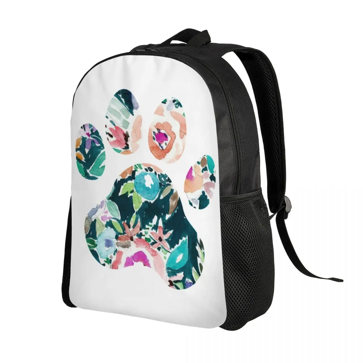 Trendy Teal Floral Paw Print Travel Backpack Women Men School Laptop Bookbag Pet Colorful Animal College Student Daypack Bags