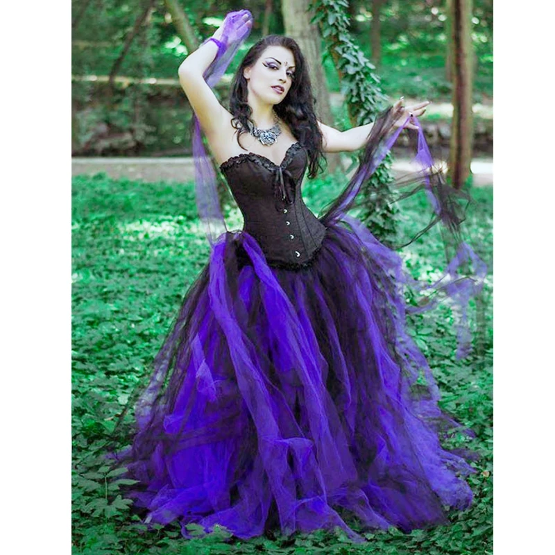 Gothic Black And Purple Wedding Dress Strapless Sleeveless Long Tulle Bridal Gowns Customized Contrast Color Victorian Vestido