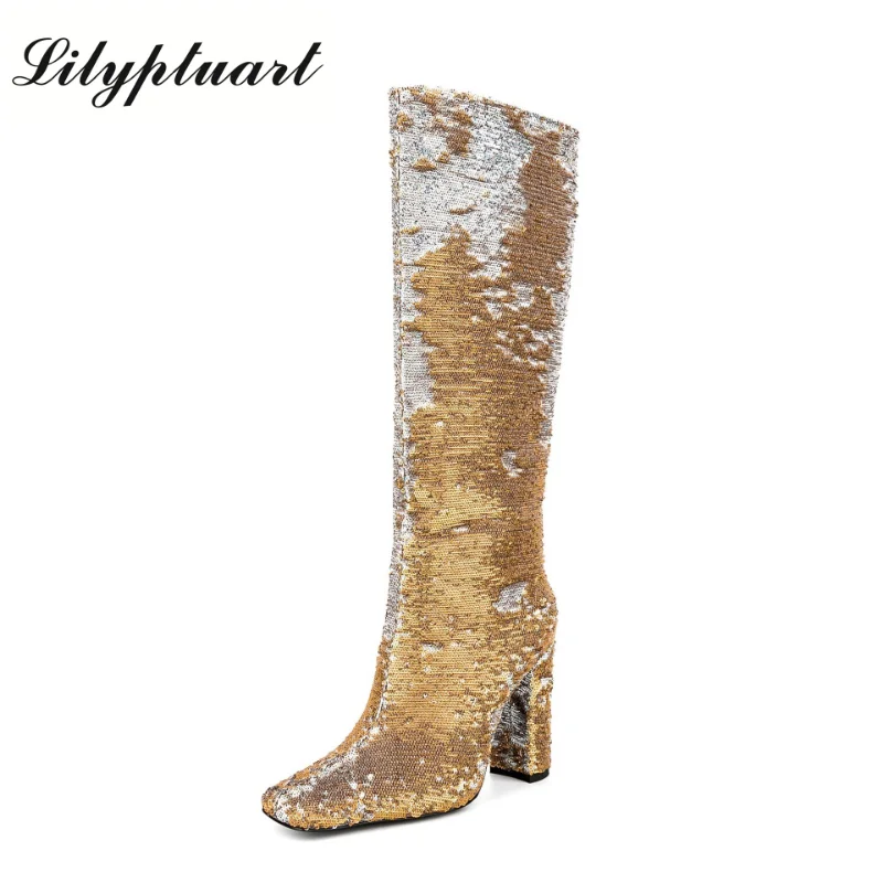 

2023 New Brand Spring and Autumn Fashion Sequins Knee Length Women's Boots European and American Banquet Show Sleeve Shoes