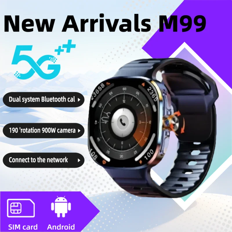 

M99 5G Смарт-часы Android 10.0 9MP Поворотная камера 256 ГБ ПЗУ GPS WIFI Bluetooth Видеозвонок 1,95-дюймовый AMOLED-экран