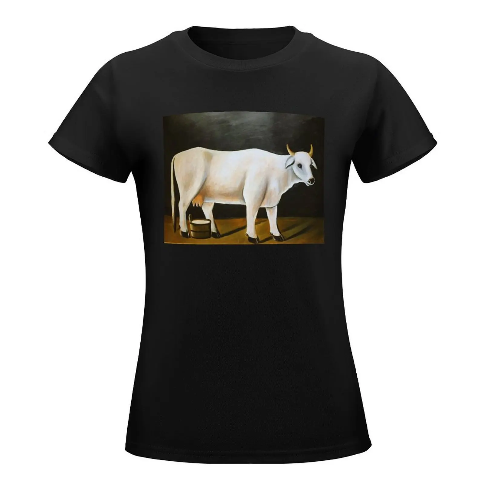 White Cow on a Black Blackgroundby Niko Pirosmani,Naive Art T-Shirt summer clothes lady clothes plain t shirts for Women