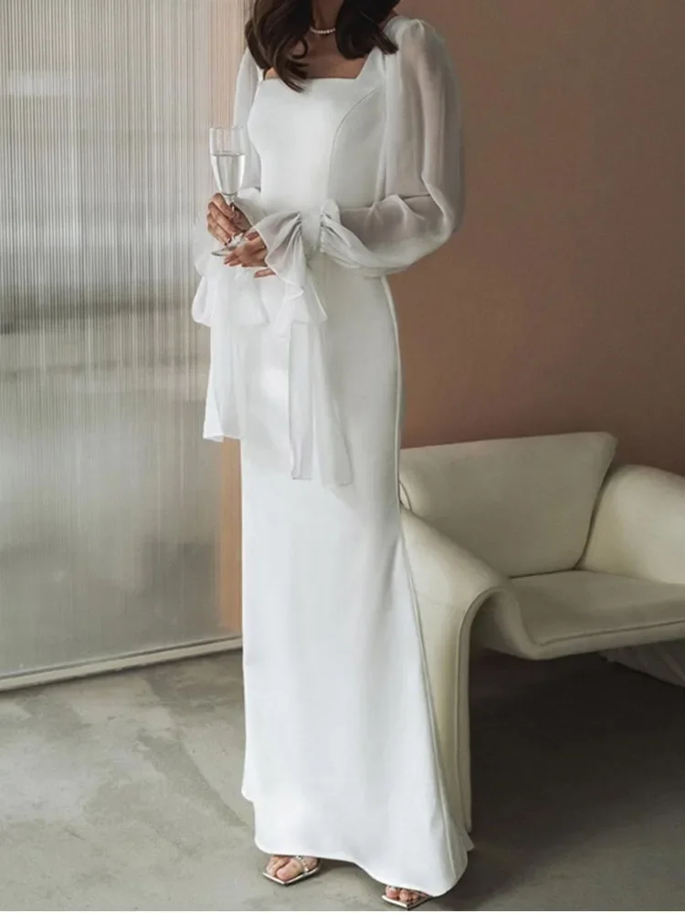 

Elegant Mesh White Women Evening Dress Long Sleeve Square Collar Flare Sleeve Female Midi Robe 2024 Summer Solid Lady Dresses