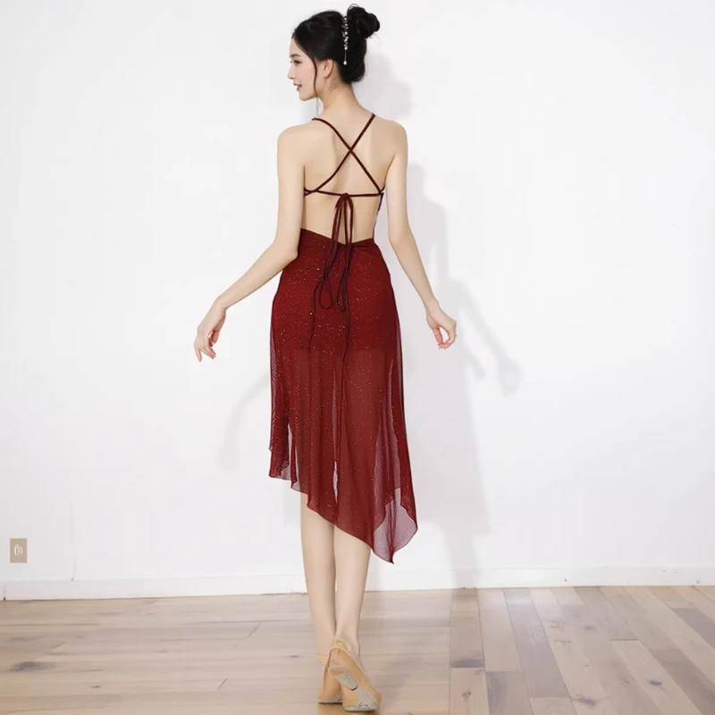 Damska Sukienka Baletowa Liryczna Latin Dance Kostium Występ Bez Rękawów Odkryte Plecy z Dziurką na Guzik Błyszczące Dżety Rozcięcie Boczne Siateczkowa Sukienka Maxi