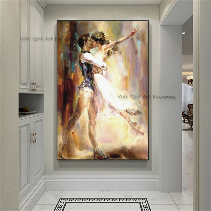 Romantic Couple Ballet Dancers Oil Painting Handpainted Vertical Canvas Wall Art for Entryway Textured Figurative Romantic Home