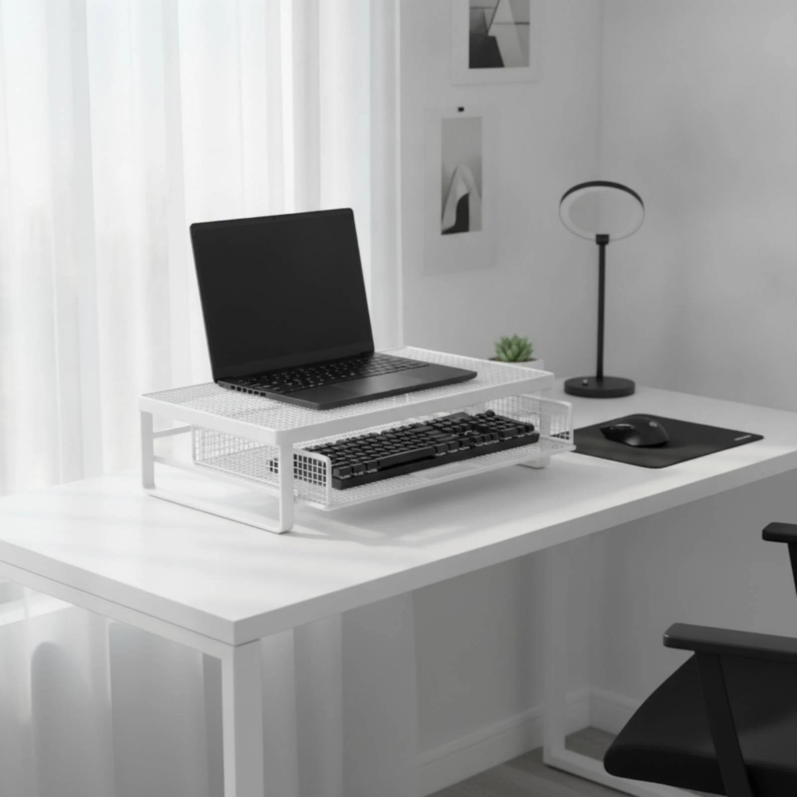 Mesh Laptop Stand with Keyboard Shelf Space-Saving Laptop Stand with Side Drawer 50 Cm Metal Desk Riser Clutterwithout Ergonomic