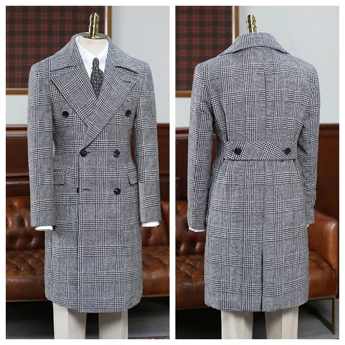 Blazer longo masculino preto branco espinha de peixe padrão longo terno jaqueta clássico xadrez trespassado inverno lã casaco longo