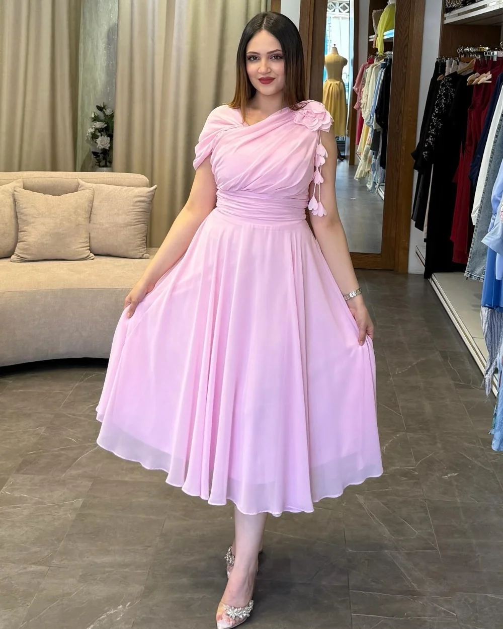 

Customized Fashion Sizes Available Chiffon Pleat Draped Handmade Flower A-line V-neck Midi Dresses Bespoke Occasion Dresses Sexy