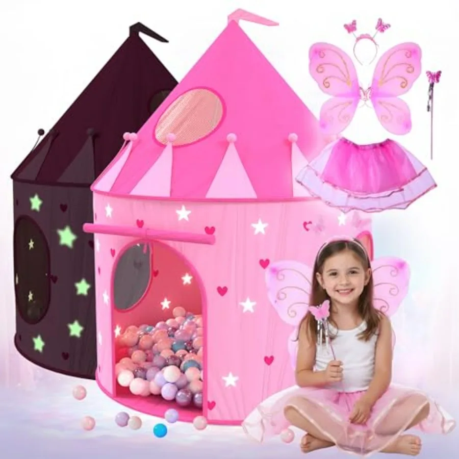

Princess Castle Pop Up Tent and Dress Up Set Pink Playhouse Tent for Girls with Glow in The Dark Stars, Foldable Indoor Outdoor