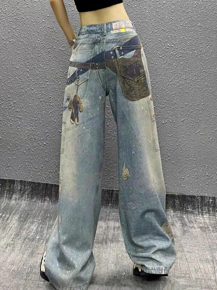 Pantalon ample à jambes droites, suspendu, design imprimé à la mode, couleur contrastée, style américain, jeans de rue, nouvelle collection été 2025