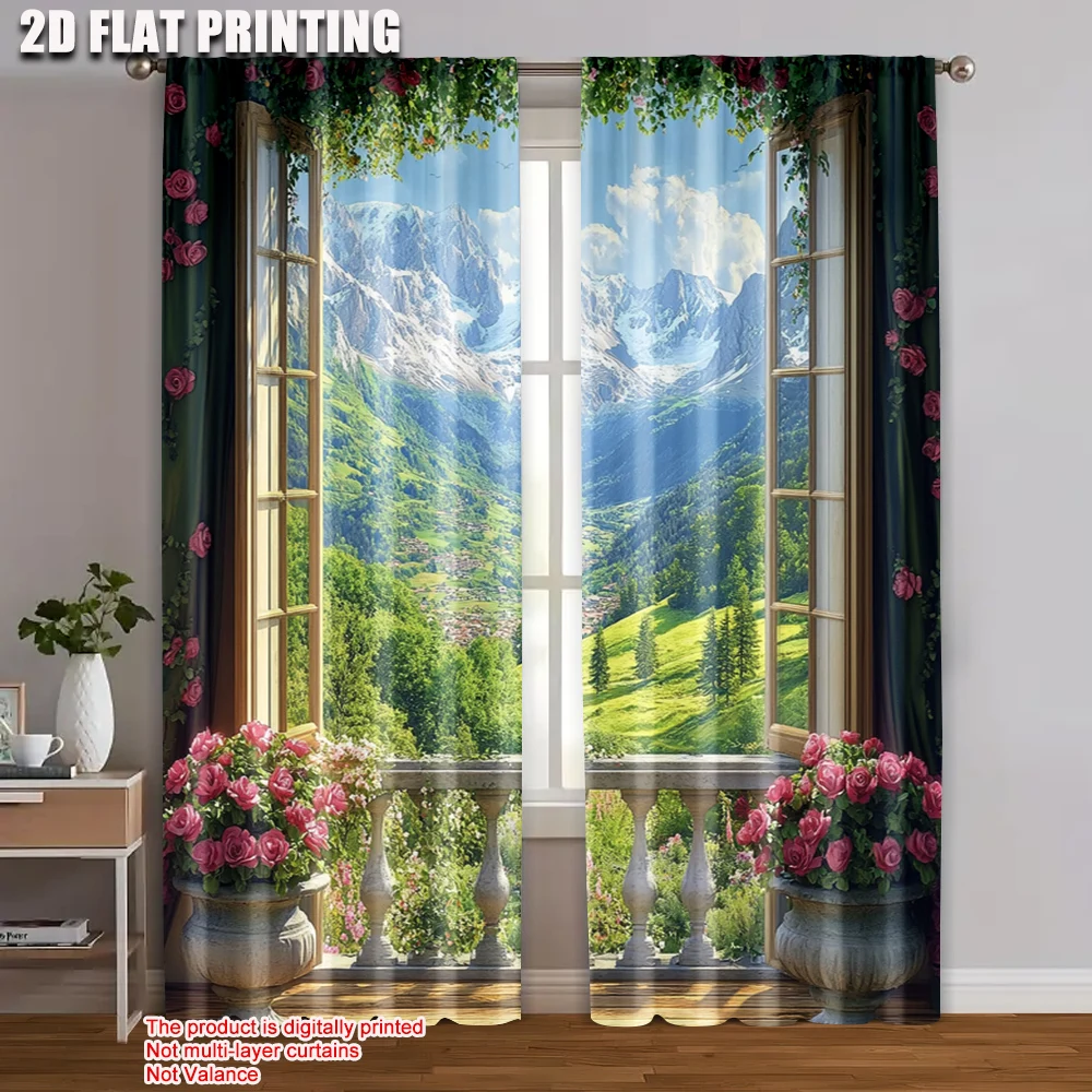 2pcs 2D flat printing Window Curtains View Mountain Valley Roses Polyester Without Electricity Family Party Decoration Use for