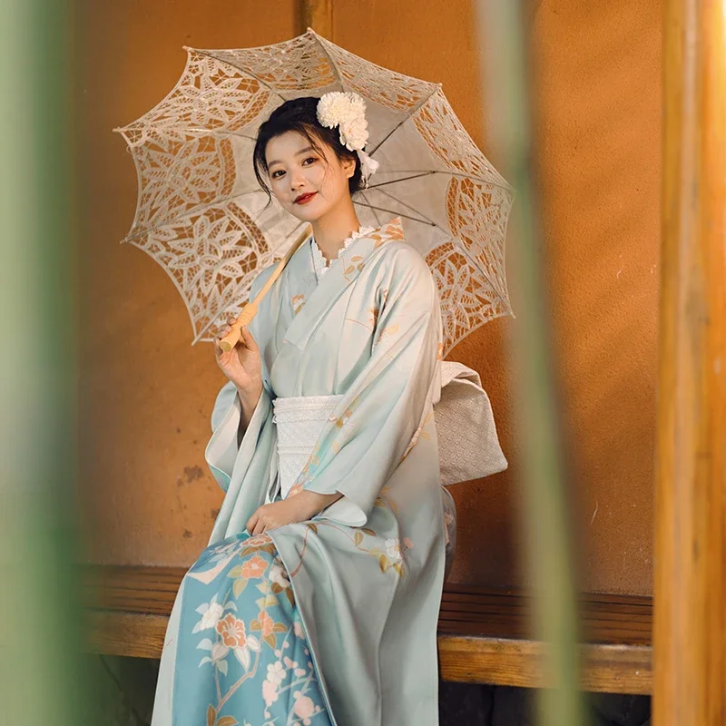 Women's Japanese Traditional Furisode Kimono Beautiful Green Color Classic Yukata Performing Dress Cosplay Costume Photo Wear