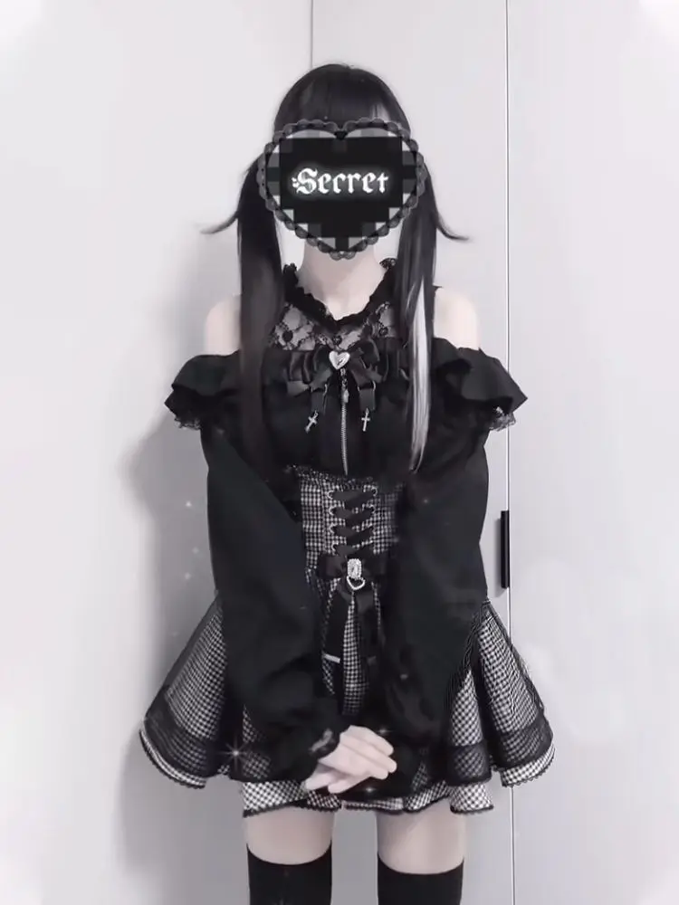Осенний новый японский комплект из 2 предметов Darkly, женский дизайн, готические милые кружевные футболки с длинными рукавами, модная ретро клетчатая короткая юбка с бантом