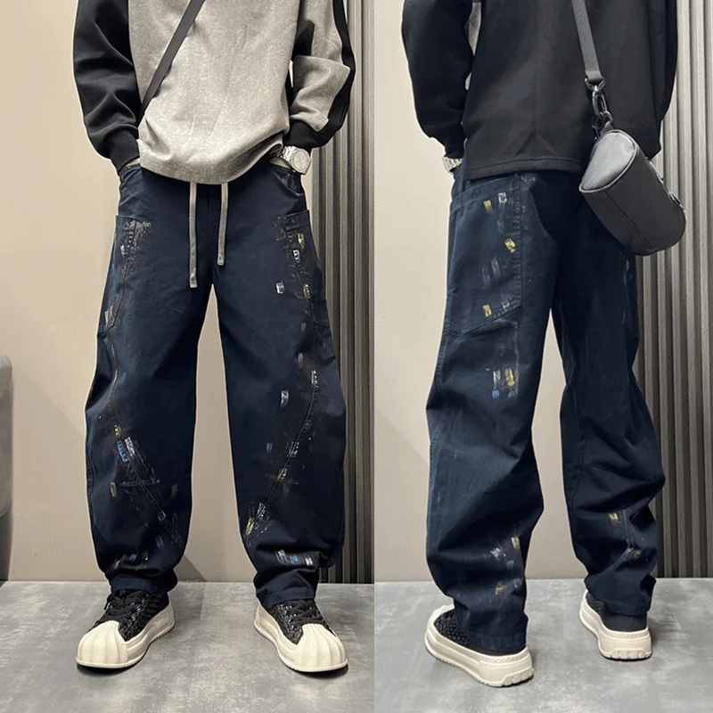 Graffiti Hand Painted Wide Leg Pants for Men Vintage Street Style Baggy Trousers Elastic Drawstring Waist Irregular Print Casual