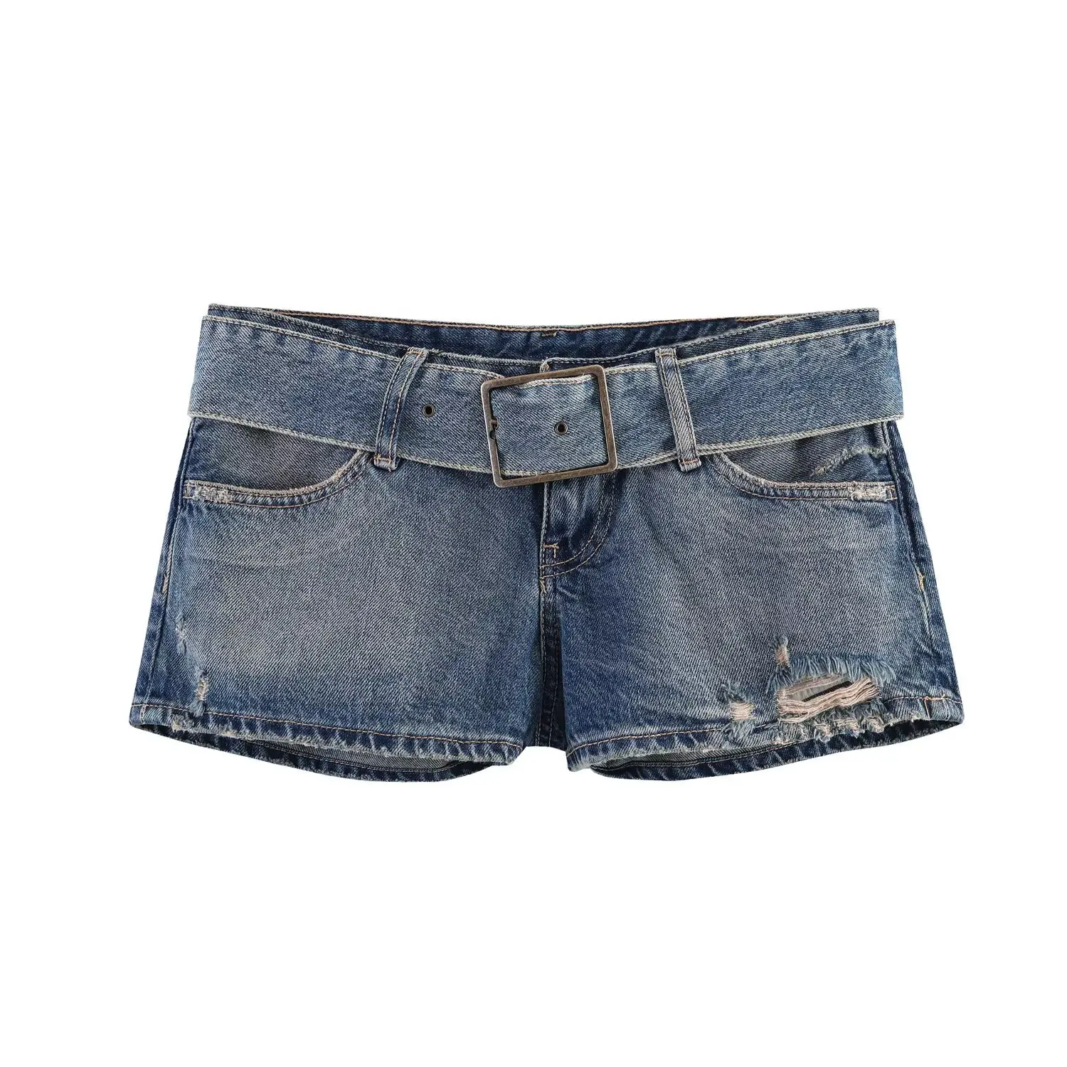 Cross-Border Denim Shorts with Belt Hole Punching Mid-Low Waist Elastic Three-acetate Fiber Summer Fashion Men's Shorts